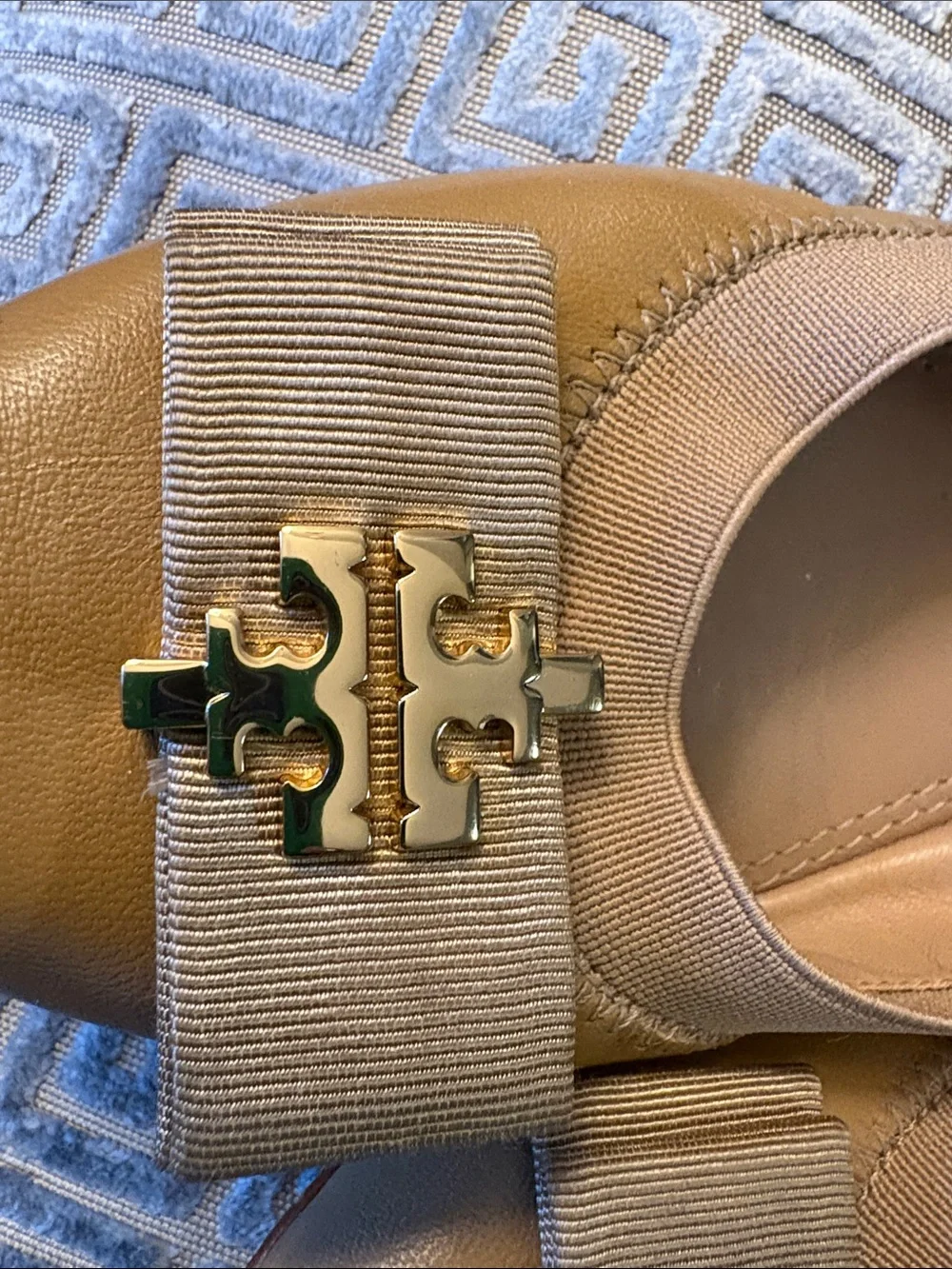 Tory Burch Camel Leather Logo Bow Flats